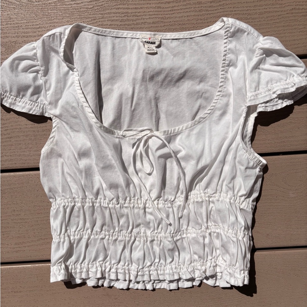 Garage White Ruched Peasant Crop Top